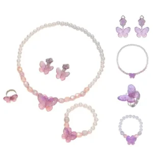 TRENDZ 4pcs Princess Jewelry Set – Butterfly Necklace Bracelet Ring Earrings Cute Beaded Jewelry for Kids Birthday gift Bangladesh (New)