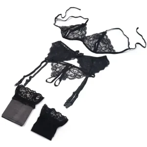 Lace Women Lingerie Set 4 Pcs Sling Open Bra sexxy Wiht Garter Panties Push Up Bra Set Erotic Transparent Underwear Net Stockings Bangladesh (New)