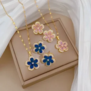 Luxury Sweet Pink Blue Zircon Flower Necklace Stud Earrings for Women Stainless Steel Chain Party Wedding Jewelry Sets Gifts Bangladesh (New)