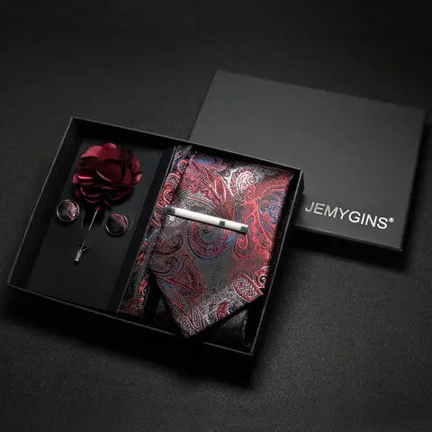 Wine red Men Tie Paisley Silk Tie Pocket Square Cufflink Luxury Gift Box Set Wedding Gravat Accessories Neck Tie For Men Bangladesh (New)