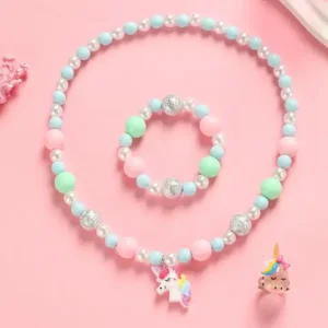 Magical Unicorn Jewelry Set Rainbow Pony Beaded Crystal Necklace Bracelet Ring Princess Gift for Girls Children Bangladesh (New)