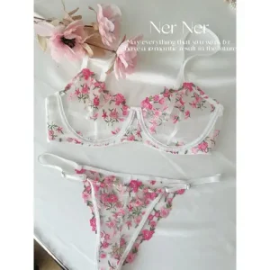Kawaii Japanese Lingerie Set Sheer Tulle Pink Floral Embroidery Bra Bralette sexxy Pure Matching Set BANERDANNI sexxy Tushy Bras Bangladesh (New)