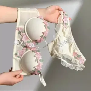 YUQI Vintage Floral Lingerie Set Cream Lace Bralette Retro Push Up Bra for Small Bust Women Pure Sensual Embroidered Wireless Bangladesh (New)