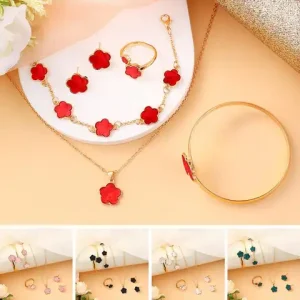 Lucky Five petal Flower Clover Earrings Necklace Ring Bracelet Four piece Set for Woman Fashionable Accessories Party Jewelry Bangladesh (New)