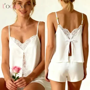Logirlve Women s sexxy Lace Pajama Set Spring Casual Comfortable Bow Sleeveless Cami Lingerie Sleepwear Homewear Bangladesh (New)