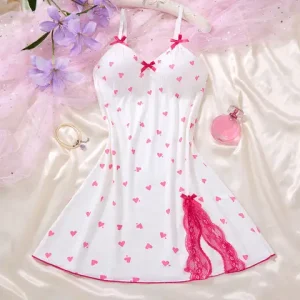 1 Set Of V neck Women s Lingerie sexxy Suit Soft Bra Nightgown With Thong Intimates Underwear Heart Print Bras Briefs Night Dress Bangladesh (New)