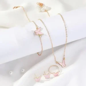 Butterfly Jewelry Set 4Pcs Pink White Romantic for Women Wedding Dinner Dress Bracelet Ring Necklace Earrings Gift Bangladesh (New)