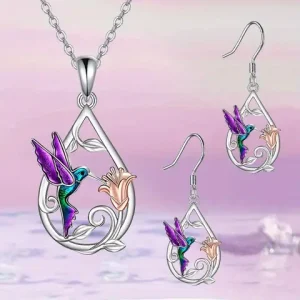 3 cute hummingbird drop pendant necklace earrings set flower decoration birthday holiday gift Bangladesh (New)