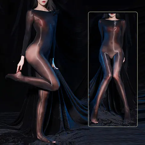 Men Women Oily Shiny Utra Thin Bodysuit Transparent Full Bodystocking Party Club Silky Tight Jumpsuit Elastic Open Crotch Romper Bangladesh (New)