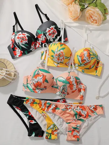 Hot Selling High quality Multi color Lingerie 2 piece set For Women s Underwear Beautiful Print Push Up Bra Beach party bikini Bangladesh (New)