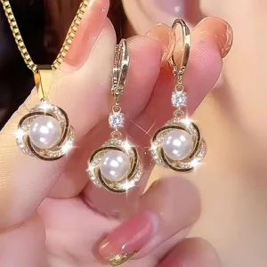 Light Luxury Shining Zircon Imitation Pearl Jewelry Sets for Women Trendy Versatile Necklace Earrings Girl Party Christmas Gifts Bangladesh (New)
