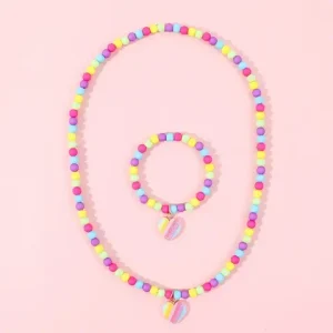 Girls Cute Heart Necklace And Bracelet Set Colorful Beads Pendant Jewelry Gift for Children Birthday Party Bangladesh (New)