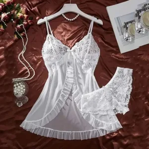 A Set Of Tulle Ultra sexxy Nightgown V neck Bra Open Sleep Skirt Night Erotic Dress Woman Sheer Pajamas Lingerie Pants Luxury kit Bangladesh (New)