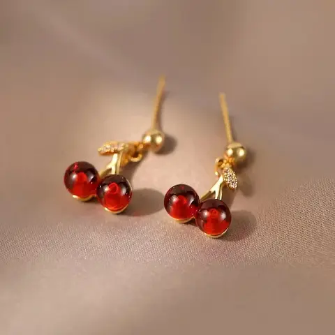 2Pcs/Set Red Cherry Jewelry Cute Fruit Pendant Necklace Stud Earrings Fashion Gift for Women Girls Party Wedding Valentine Bangladesh (New)