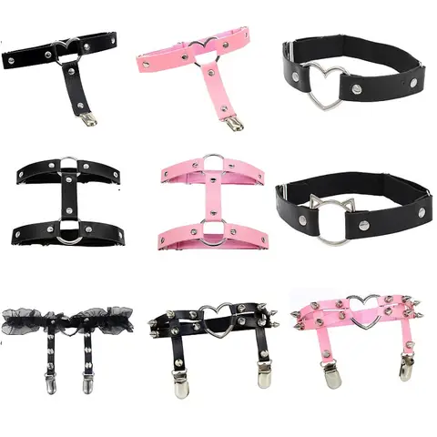 Women Elastic Pu Leather Leg Ring Garter Leglet Lingerie Belt Punk Heart Rivet Spike Thigh Goth Harajuku Harness Stocking Garter Bangladesh (New)