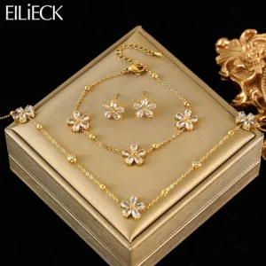 EILIECK 316L Stainless Steel White Zirconia Flower Petal Necklace Bracelet Earrings Set For Women New Trendy Jewelry Party Gift Bangladesh (New)