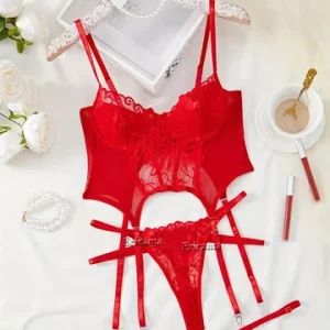 Floral Lace Garter Lingerie Set With Choker Women Intimates 2024 Underwire Bra And Thongs Ladies Underwear Set Bangladesh (New)