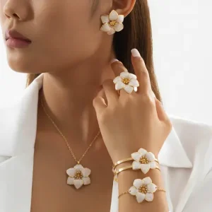 5pcs Jewelry Set romantic handmade oil dripping gradient dyeing double layer irregular flower pendant necklace earrings bracelet Bangladesh (New)