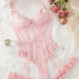 2pcs Red Floral Lace Garter Lingerie Set With Choker Women Intimates 2022 Underwire Bra And Thongs Ladies Underwear Set Bangladesh (New)
