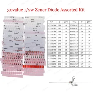 300pcs 30Value Zener Diode kit 0 5W 1/2w Voltage Regulator 2V 3 3V 3 9V 4 7V 5 1V 7 5V 8 2V 9 1V 12V 15V 18V 20V 24V 27V 30V 39V Bangladesh (New)