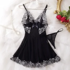 sexxy Sleepwear Women Lace Deep V Neck Nightgown Split Hem Soft Lingerie Night Dress Sleeveless Female Clothes Bra And Briefs Set Bangladesh (New)