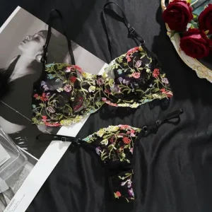 Floral Embroidery Lace Bras Set Women Sheer 2 Piece sexxy Bra Panties Lingerie Fashion Underwear Set Intimates Bangladesh (New)