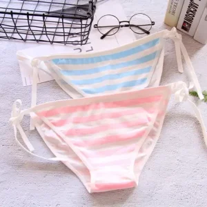 2PCS Women Lingerie Set sexxy Bra Cotton Seamless Kawaii Bikini Lace up Strap Blue White Striped Suit Cute Underwear Women Set Bangladesh (New)