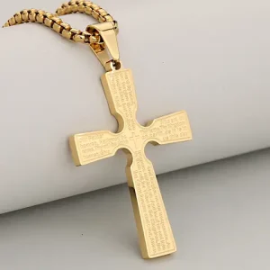 Men s and Women s Simple Versatile Stainless Steel Gold Plated Scripture Cross Pendant with Necklace Set Bangladesh (New)