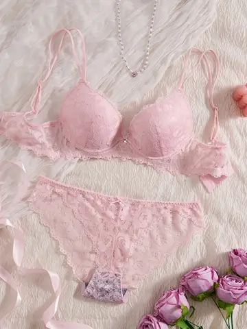 Women s sexxy Lingerie Set Lace Patchwork Solid Color Bowknot Rhinestone Embellished Push Up Double Shoulder Strap Unlined Comfortable Underwear Lace Semi Transparent Breathable Panties Bangladesh (New)