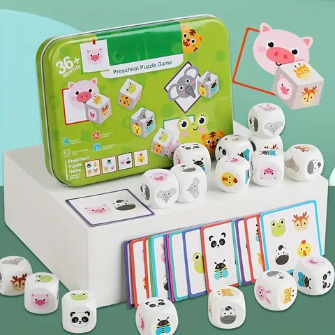 Animal Matching Card Game Wooden Dice Animal Puzzles for Toddlers Preschool Learning Activities Toys for Kids Travel Board Games Bangladesh (New)