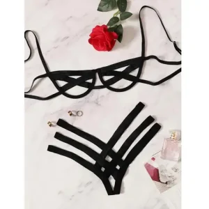 Bondage Harness Lingerie Set Womens Elastic Hollow Out Bra Sets Black Cupless Cage Bra Thong sexxy Intimates Exotic Underwear Bangladesh (New)