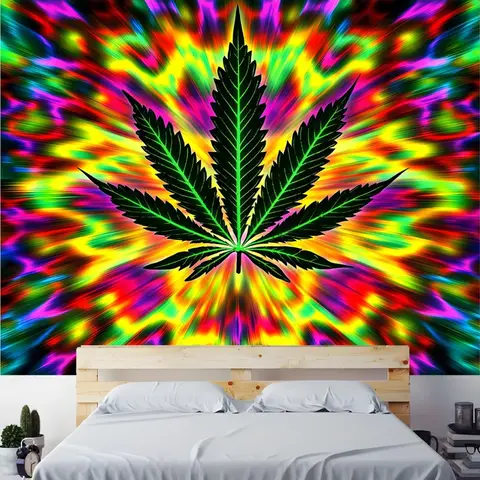 Psychedelic Marijuana Leaf Wall Tapestry Tie Dye Rainbow Art Boho Decor For Bedroom Hippie Room Home Interior Design Bangladesh (New)