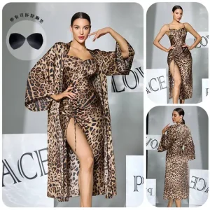 sexxy Leopard Print 2 Piece Nightwear Set Camisole Dress With Robe Removable Padded Drawstring High Slit Loungewear Bangladesh (New)