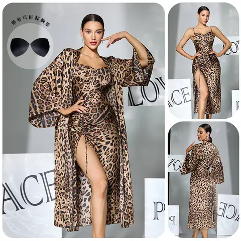 sexxy Leopard Print 2 Piece Nightwear Set Camisole Dress With Robe Removable Padded Drawstring High Slit Loungewear Bangladesh (New)