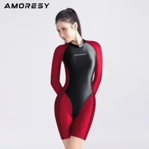 AMORESY Satin glossy bodysuit Long sleeved five quarter pants sports bodysuit color blocked bodysuit back zipper swimsuit Bangladesh (New)