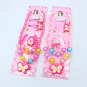1 Set Charming Handcrafted Beaded Jewelry Set for Girls Necklace Bracelet Ring Butterfly Hair Clip Perfect Princess gift Bangladesh (New)