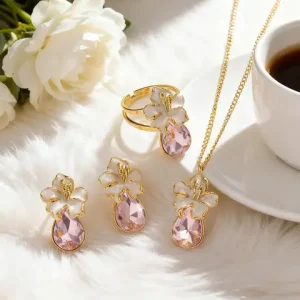 Exquisite Gentle Romantic Pink Zircon Flower Party Jewelry Set For Women Stylish Waterproof Gold Necklace Earrings Ring Set Gift Bangladesh (New)